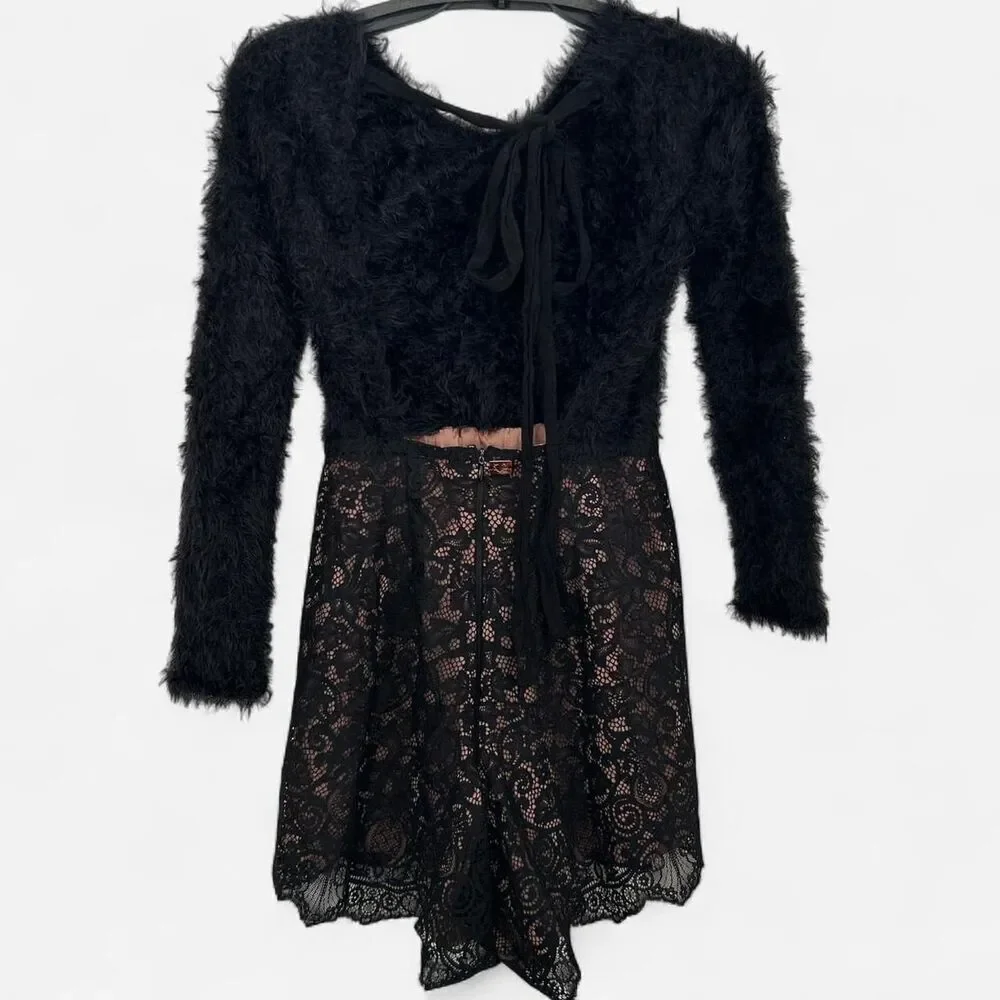 For Love & Lemons Knitz Francoise Fuzzy Lace Romper – Black Open Back Bow S - Picture 5 of 8